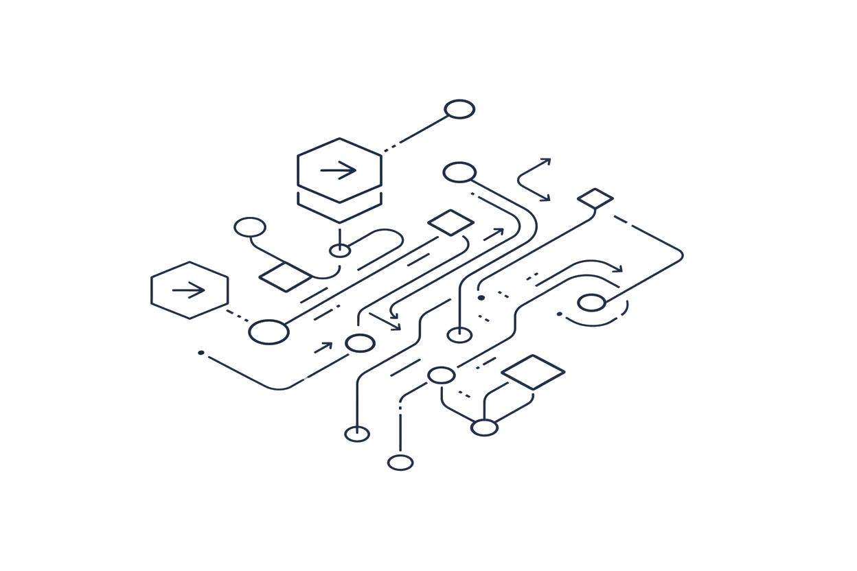Line drawing of connected routes, nodes and directional paths