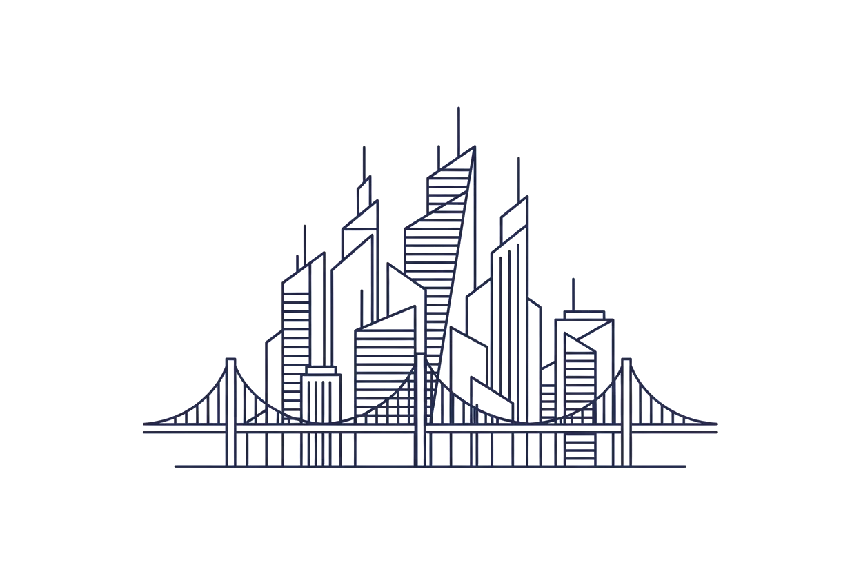 Line drawing of a city skyline and suspension bridge